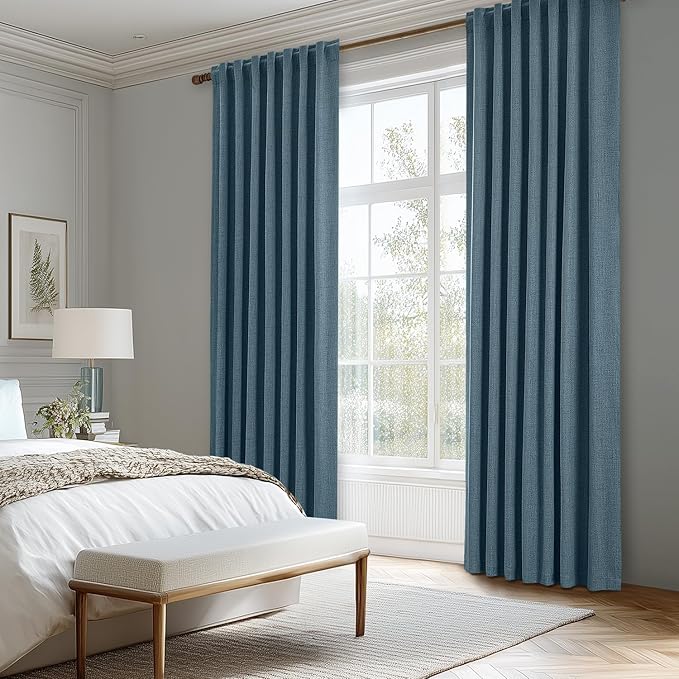 MIULEE 100% Blackout Linen Curtains for Bedroom, Stone Blue Solid Luxury Decor Thermal Insulation Room Darkening Drapes for Living Room Nursery Back Tab Rod Pocket 42 x 63 Inches, 2 Panels
