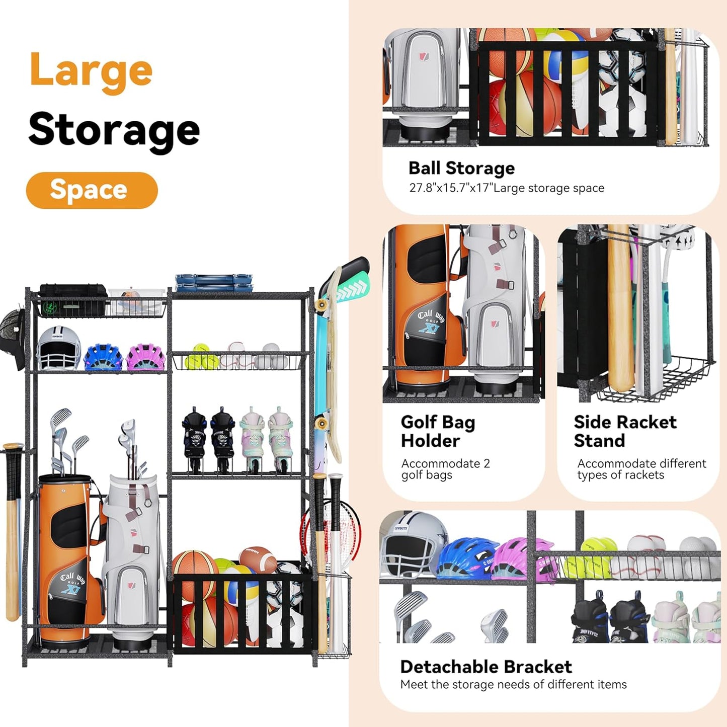 HOMREST Sports Equipment Storage,2 Golf Bag Storage Stand, Ball Holder, Garage Sports Organizer with Basket and Hooks, Sports Ball Storage for Toy Sports Gear Storage, Black