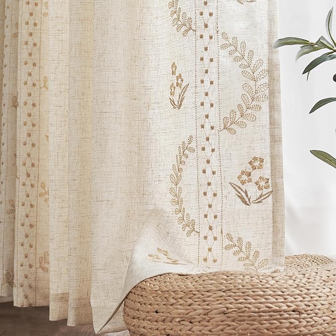 jinchan Belrose Linen Curtains for Bedroom Floral Curtains 63 Inch Length Linen Blend Beige Embroidered Drapes Farmhouse Flower Patterned Drapes for Living Room Window Treatments Set 2 Panels