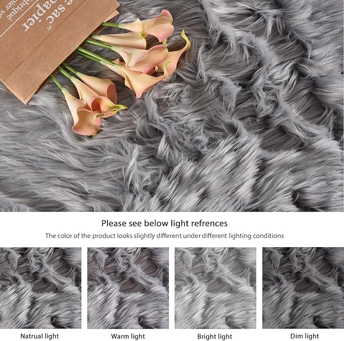 ORINOVA Silver Grey Furry Washable Faux Shaggy Fur Rugs for Living Room Small Circle Fluffy Sheepskin Fur Rug for Nursery Round Rug 5ft