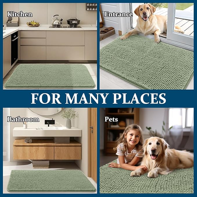 OLANLY Dog Door Mat for Muddy Paws 47x32, Absorbs Moisture and Dirt, Absorbent Non-Slip Washable Doormat, Quick Dry Chenille Mud Mat for Dogs, Entry Indoor Entryway Carpet for Inside Floor, Sage Green