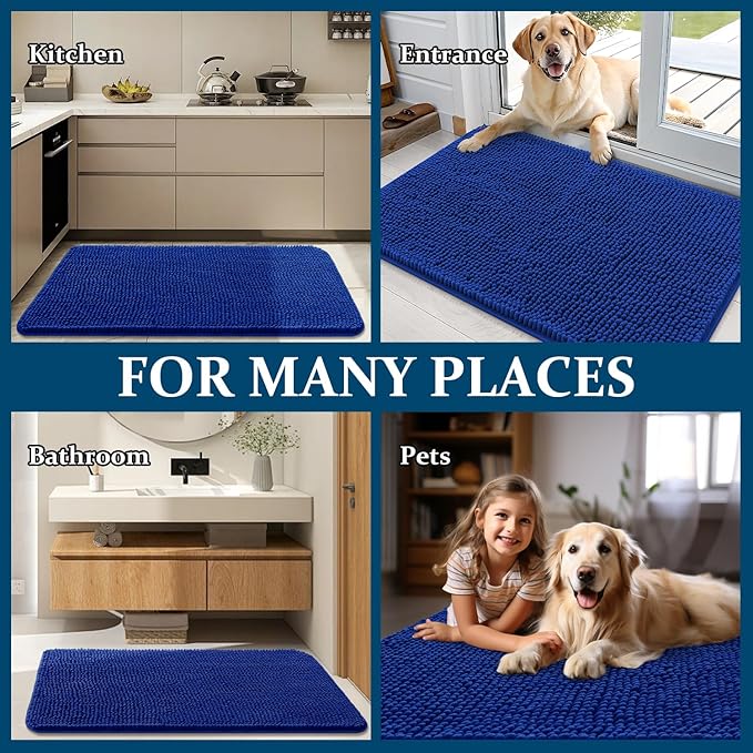 OLANLY Dog Door Mat for Muddy Paws 59x35, Absorbs Moisture and Dirt, Absorbent Non-Slip Washable Doormat, Quick Dry Chenille Mud Mat for Dogs, Entry Indoor Entryway Carpet for Inside Floor, Royal Blue