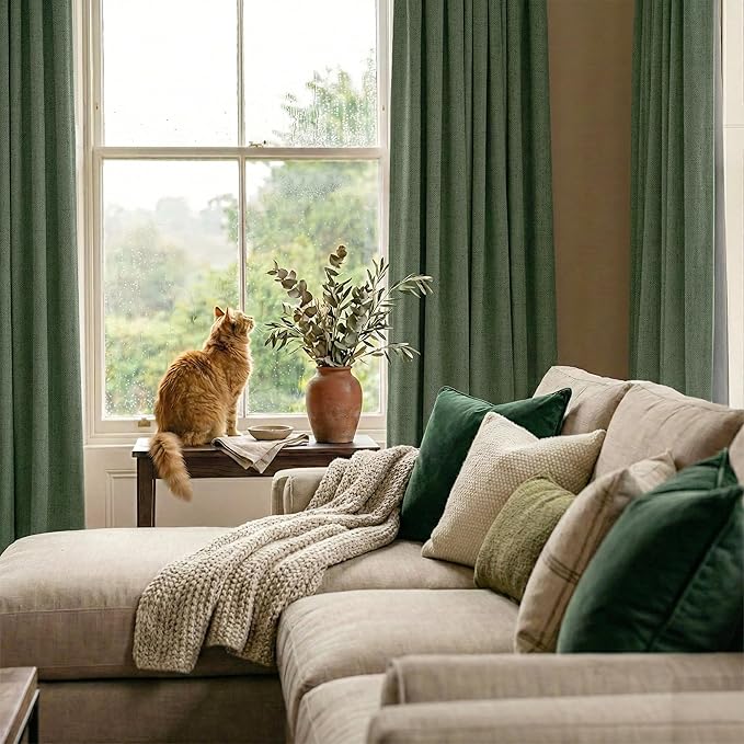 RYB HOME Olive Green 100% Blackout Linen Curtains 108 inches Long, Luxury Thermal Insulated Room Darkening Drapes for Living Room/Bedroom/Sliding Doors, Back Tab&Rod Pocket, W52xL108, 2 Panels