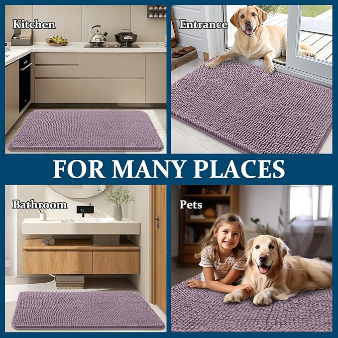 OLANLY Dog Door Mat for Muddy Paws 35x24, Absorbs Moisture and Dirt, Absorbent Non-Slip Washable Doormat, Quick Dry Chenille Mud Mat for Dogs, Entry Indoor Entryway Carpet for Inside Floor, Deep Plum
