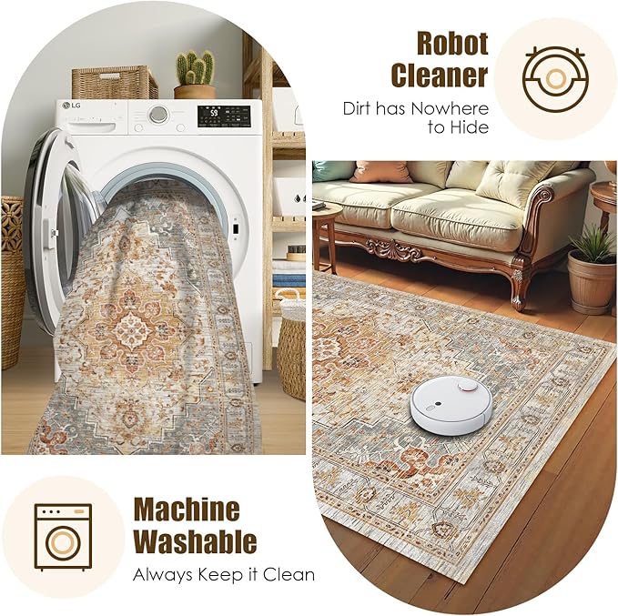 Washable Area Rug 5' x 7' Vintage Traditional Persian Mat - Foldable Distressed Non-Slip Machine Washable Carpet for Living Room Bedroom Kitchen Home Decor - Dove Gray and Coral