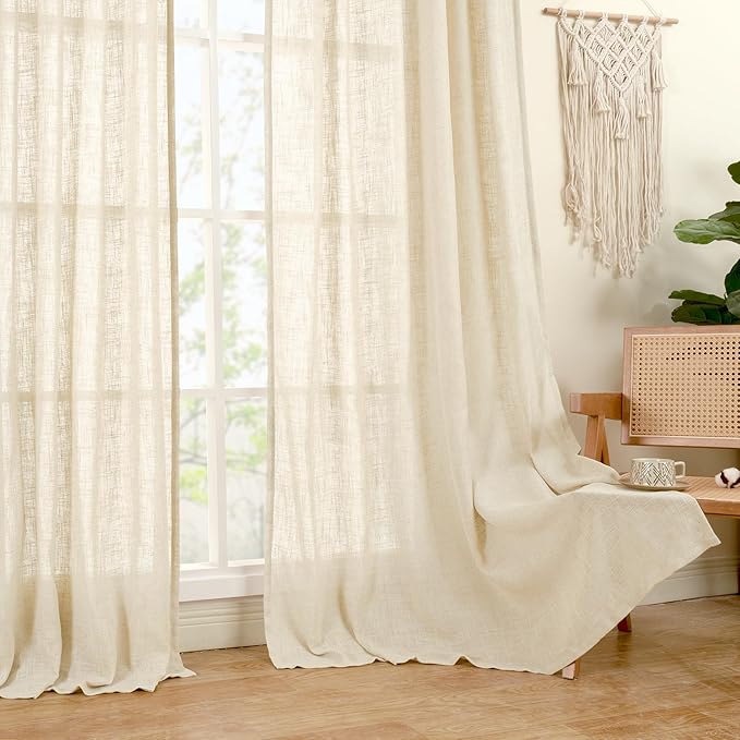 LAMIT Semi Sheer Beige Linen Curtains 63 inch, Light Filtering Panels Back Tab and Rod Pocket Neutral Drapes for Bedroom/Living Room, Beige, 2 Panels, 34 x 63 Inch