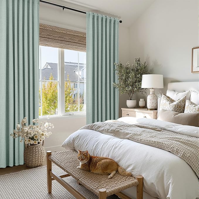 MIULEE 100% Blackout Linen Curtains for Bedroom, Seafoam Green Solid Luxury Decor Thermal Insulation Room Darkening Drapes for Living Room Nursery Back Tab Rod Pocket 42 x 72 Inches, 2 Panels