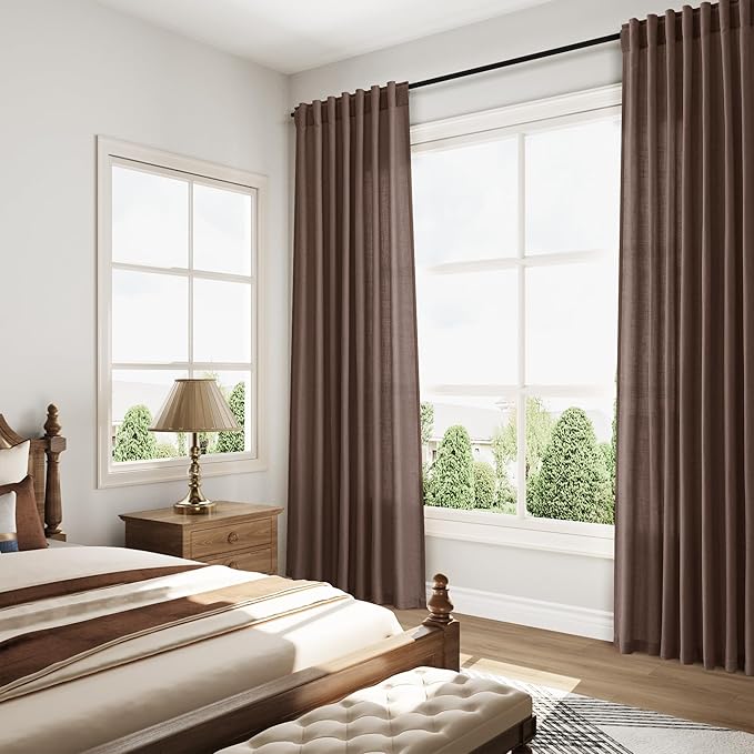 Nanspring Cappuccino Linen Blend Light Filtering Back Tab Curtains 102 Inches Long, Semi Sheer Privacy Drapes for Living Room & Bedroom, 52x102 inch, 2 Panels