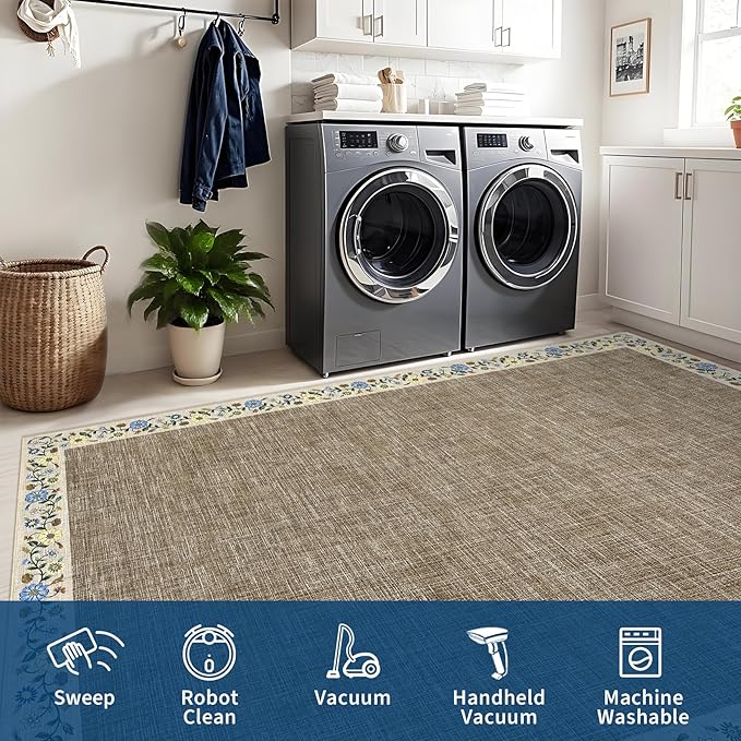 GarveeHome 10x13 Machine Washable Rugs for Living Room Large Area Rug Modern Floral Indoor Accent Carpet Low Pile Carpet Soft Throw Aesthetic Floor Cover for Bedroom Laundry Dining Room, Dark Camel