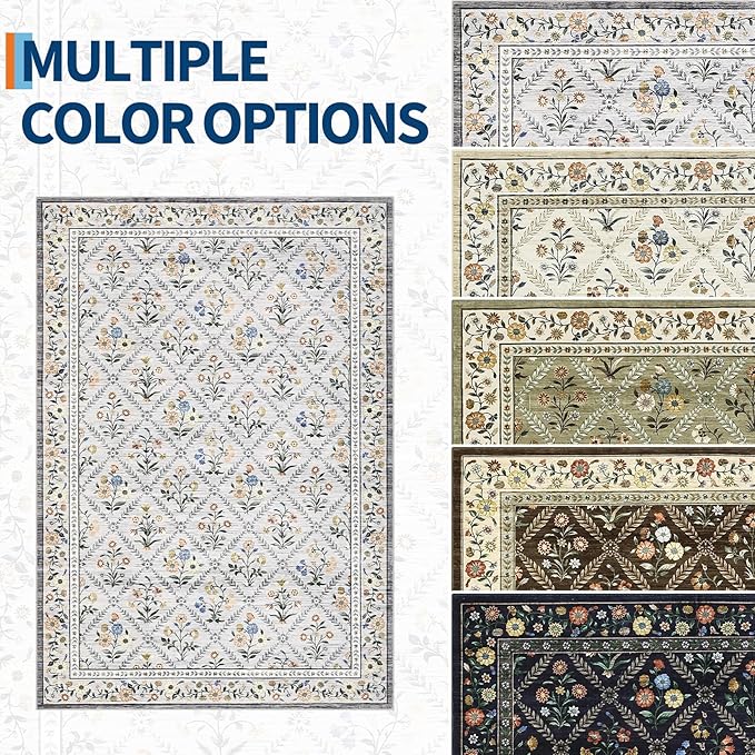 GarveeHome Grey Floral Rug 4x6 Rug Machine Washable Area Rug for Living Room Farmhouse Floral Low Pile for Dining Room, Bedroom Indoor Foldable Non-Slip Grey Beige RV