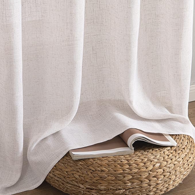 MIULEE White Linen Curtains 54 Inch Length 2 Panels for Bedroom Living Room, Soft Thick Linen Textured Natural Short Window Drapes Semi Sheer Light Filtering Back Tab Rod Pocket Burlap Look Decor