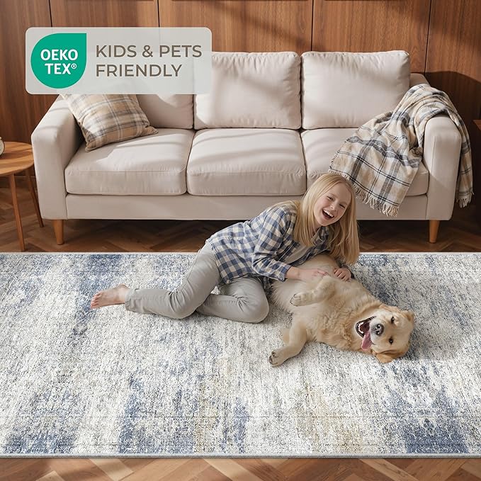 Kitchen Runner Rug Non Slip - 2.5 x 8 Runners for Hallways, Entryway, Bedroom, Washable Runner Rugs for Bathroom, Laundry Room, Low Pile Soft Vintage Area Rug(2.5'x8', Blue/Brown/Ivory)