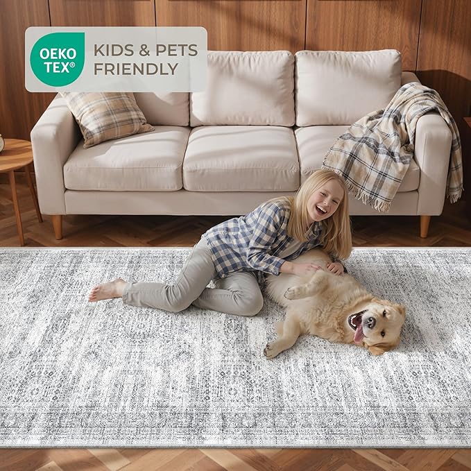 3x14 Washable Runner Rug for Hallway, Non-Slip Long Hallway Runner for Entryway, Soft Vintage Kitchen Mats for Floor, Abstract Dining Room, Bedroom, Living Room Rugs(3'x14', Grey/Ivory)