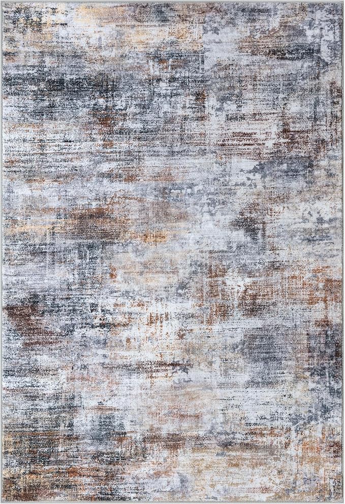 IOHOUZE Abstract Area Rug 4x6 Ft Washable Rugs for Entryway Indoor, Non Slip Small Living Room Rugs Printed Faux Wool Throw Rug, Floor Carpet for Kitchen Nursery Playroom, Orange Grey