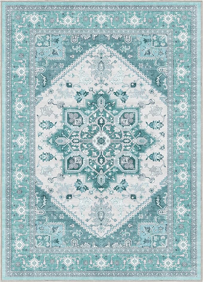 OPPODREAM Soft Area Rugs 3x5, Washable Rugs with Non Slip Backing, Low-Pile Throw 3x5 Carpet, Faux Cashmere 3 x 5 Carpet, Teal & Turquoise & Cream