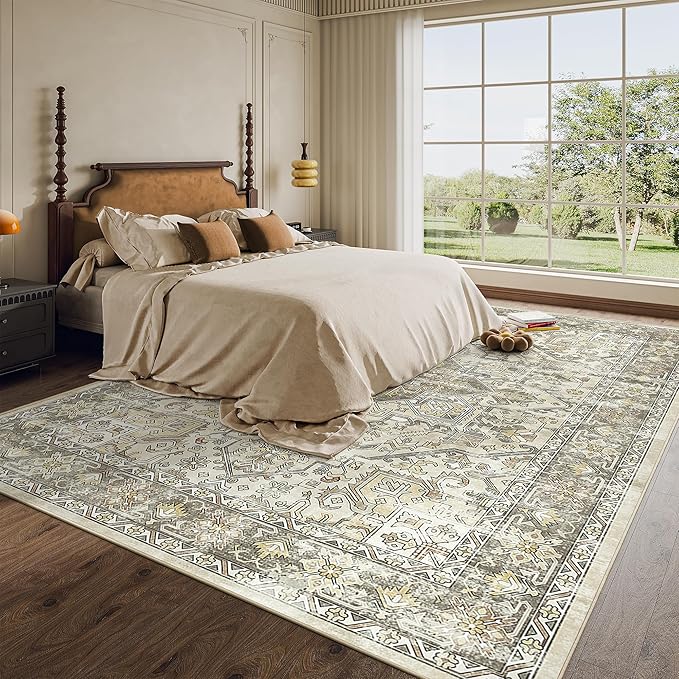 zesthome 8x10 Area Rugs for Living Room,Non-Slip Backing Washable Rugs,Vintage Large Area Rug,Stain Resistant Home Decor Rug (Beige/Brown,8'x10')