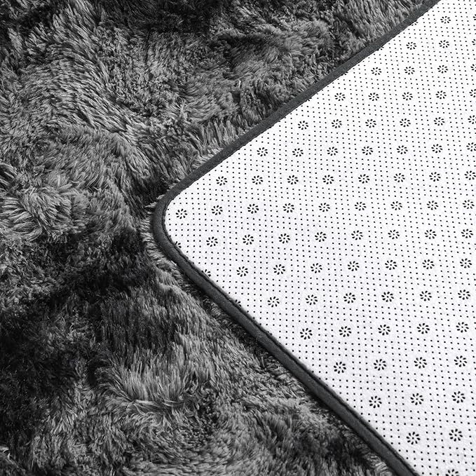 Deerhoo Large Shag Area Rugs 8 x 10, Tie-Dyed Plush Fuzzy Rugs for Living Room, Ultra Soft Fluffy Furry Rug for Bedroom, Indoor Carpet Nursery Rugs for Kids Room Home Decor, Dark Grey