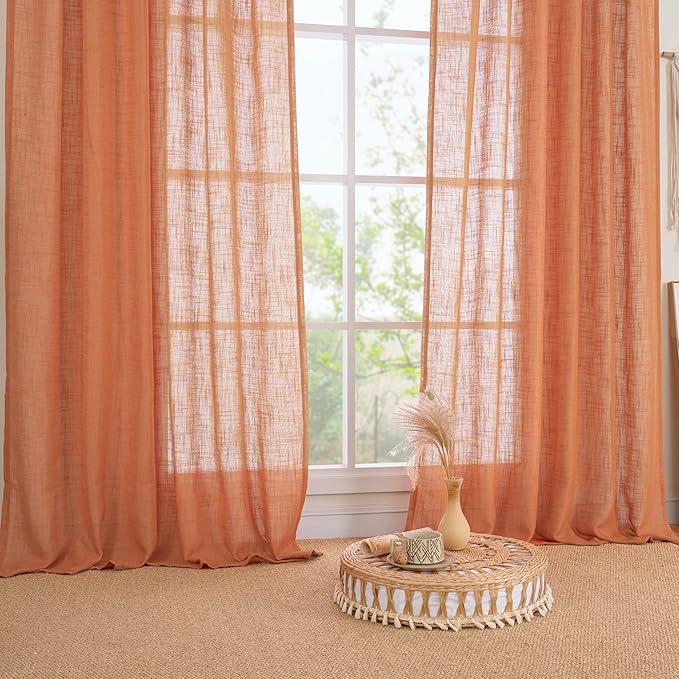 LAMIT Orange Linen Curtains 40 Inch Length, Semi Sheer Light Filtering Panels Back Tab and Rod Pocket Rust Country Decor Drapes for Small Windows/Kitchen, Burnt Orange, 2 Panels, 34 x 40 Inch