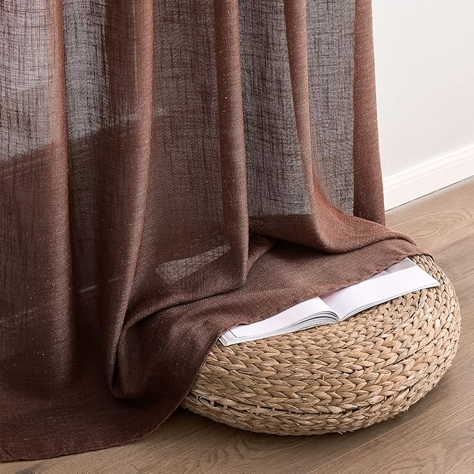 MIULEE Chocolate Brown Linen Curtains 63 Inch Length 2 Panels for Bedroom Living Room, Soft Thick Linen Textured Natural Window Drapes Semi Sheer Light Filtering Back Tab Rod Pocket Burlap Look Decor