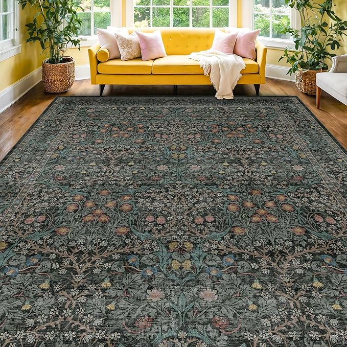 Washable Dark Green 10x12 Rug for Living Room - Extra Large Area Rugs for Dining Room Under Table, Bedroom, Soft Low Pile Non Slip Stain Resistant Carpet - Vintage Floral Design Non-Slip
