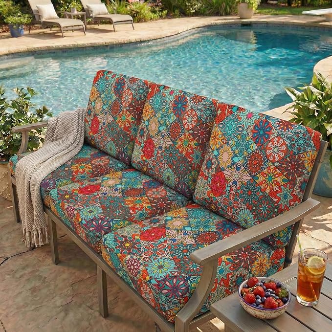 hyha Printed Couch Cushion Covers, Floral Sofa Covers Washable for 2 Cushion Couch, Stretch Pattern Outdoor Cushion Covers for Patio Furniture with Elastic Bottom(2 Packs, Diamond Mandala)