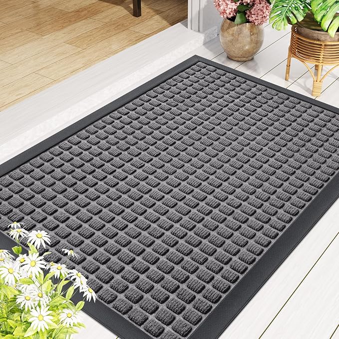 Smiry Front Door Mat Outside Entrance, Heavy Duty Natural Rubber Doormat, Non Slip, Trap Dirt and Moisture, Easy Clean, Low Profile Welcome Floor Mats for Indoor Outdoor Entry, 47x23 Inch, Mix Grey