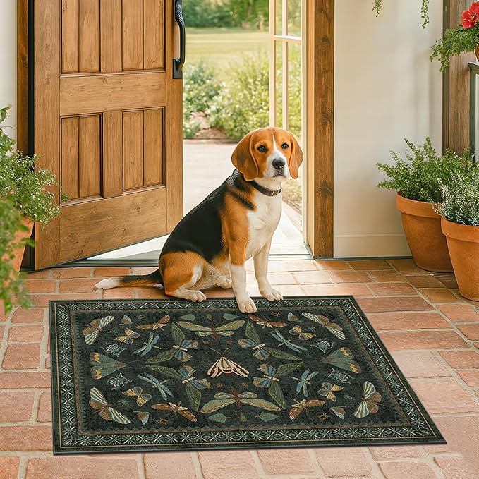 Hazo Haus 2x3 Entry Way Rugs Indoor - Dark Green Small Throw Rug for Kitchen, Bathroom, Insect Boho Design, Washable Non Slip Stain Resistant