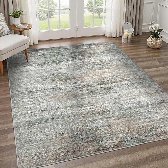 Area Rugs 4x6 for Living Room Bedroom, Modern Abstract Machine Washable Rug, Large Soft Low Pile Floor Cover with Non Slip Backing for Dining Room, Ash Gray Brown