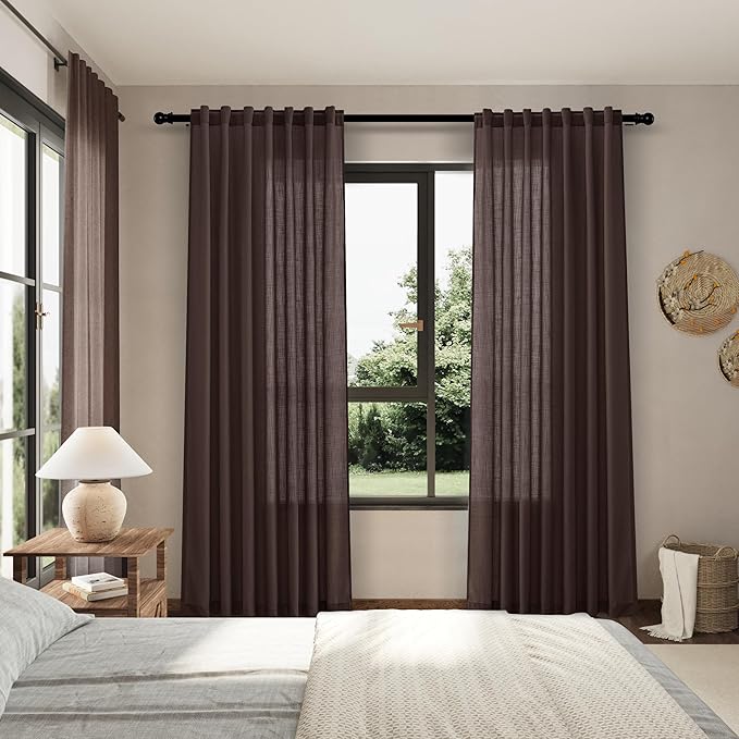 Nanspring Coffee Linen Boho Curtains for Bedroom Back Tab Rod Pocket Semi Sheer Linen Curtains 90 Inches Long 2 Panel Set Light Filtering Neutral Farmhouse Lightweight Drapes for Living Room 52x90