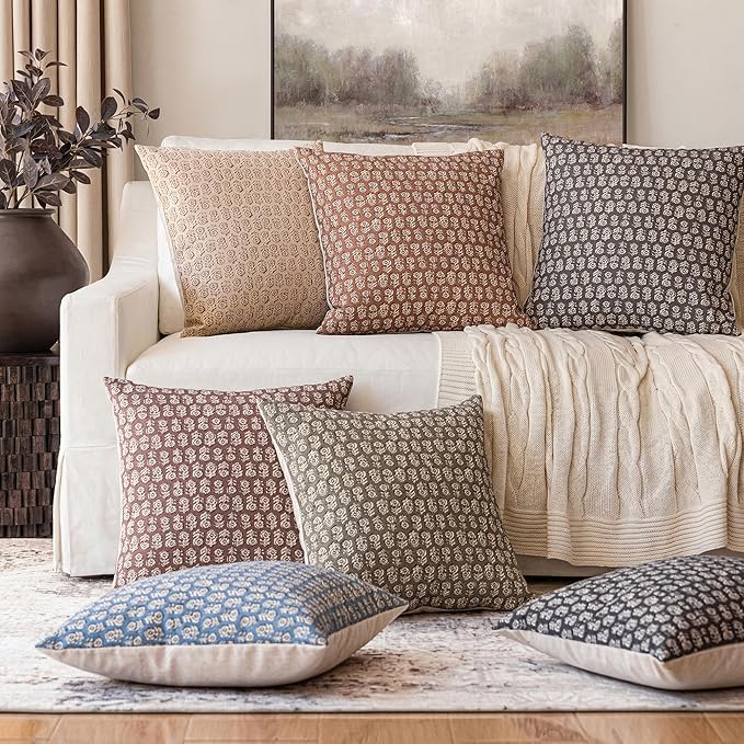 Foindtower Set of 2 Decorative Vintage Floral Print Throw Pillow Covers Neutral Farmhouse Cushion Covers Boho Home Decor for Sofa Couch Chair Bedroom Living Room,24×24 Inch,Light Orange Brown