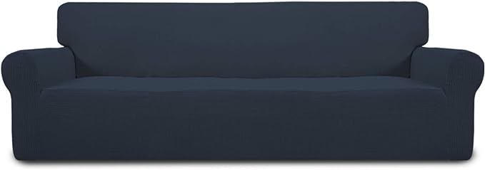 Easy-Going Stretch 4 Seater Sofa Slipcover 1-Piece Sofa Cover Furniture Protector Couch Soft with Elastic Bottom for Kids, Polyester Spandex Jacquard Fabric Small Checks Dark Blue