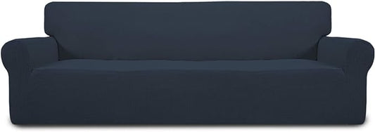 Easy-Going Stretch 4 Seater Sofa Slipcover 1-Piece Sofa Cover Furniture Protector Couch Soft with Elastic Bottom for Kids, Polyester Spandex Jacquard Fabric Small Checks Dark Blue