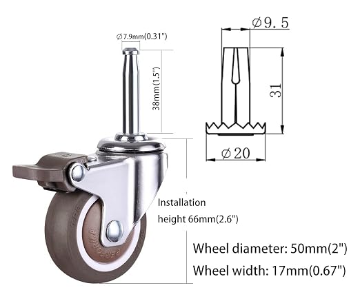 2 Inch Rubber Caster Wheel Set of 4（with Brake） - Image 6