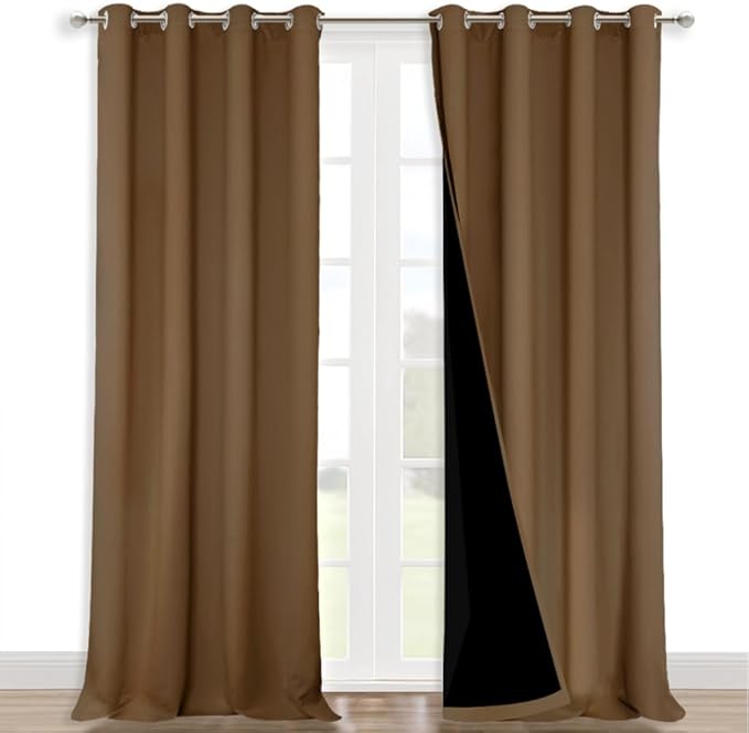 NICETOWN 100% Blackout Curtains for Windows, Pack of 2, Gold Brown, 52" W x 102" L, Super Heavy-Duty Black Lined Total Darkness Drapes for Bedroom, Privacy Assured Window Treatment for Patio
