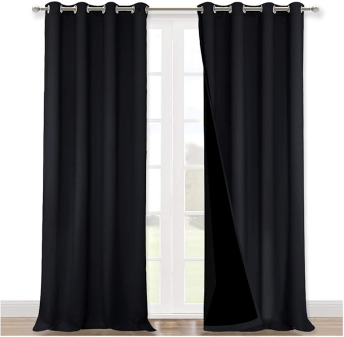 NICETOWN Full Shading Curtains 90 inches Long 2 Panels Set for Windows, Super Heavy-Duty Black Lined Blackout Curtains for Bedroom, Privacy Assured Window Treatment (Black, 52 inches W)