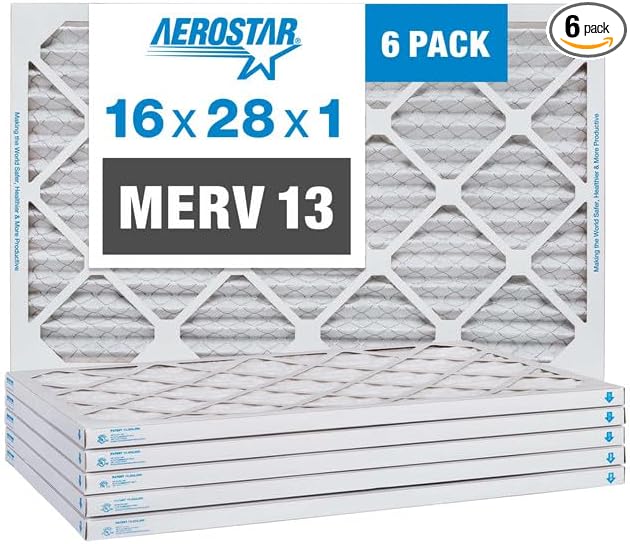 Aerostar 16x28x1 MERV 13 Pleated Air Filter, AC Furnace Air Filter, 6 Pack by AirFiltersDelivered
