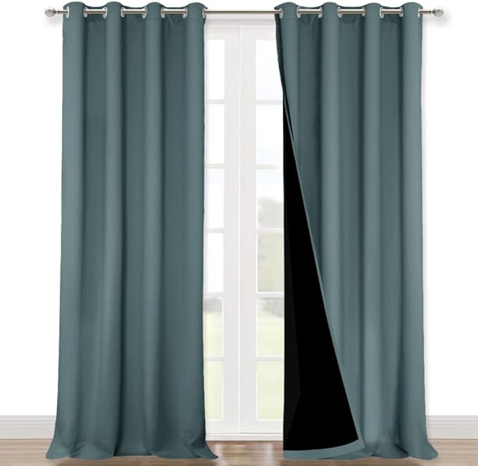 NICETOWN 100% Blackout Curtains for Windows, Pack of 2, Greyish Blue, 52" W x 102" L, Super Heavy-Duty Black Lined Total Darkness Drapes for Bedroom, Privacy Assured Window Treatment for Patio