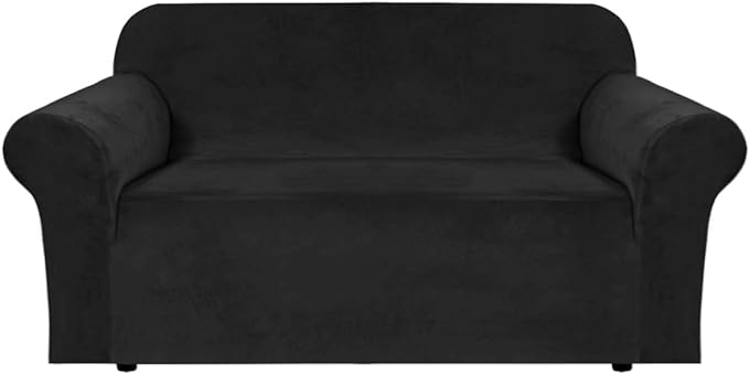 H.VERSAILTEX Stretch Velvet Loveseat Covers for 2 Cushion Couch Covers for Living Room Sofa Covers Slipcovers with Non Slip Straps Bottom, Ultra Thick Comfy Velour (Width 58"-72", Black)