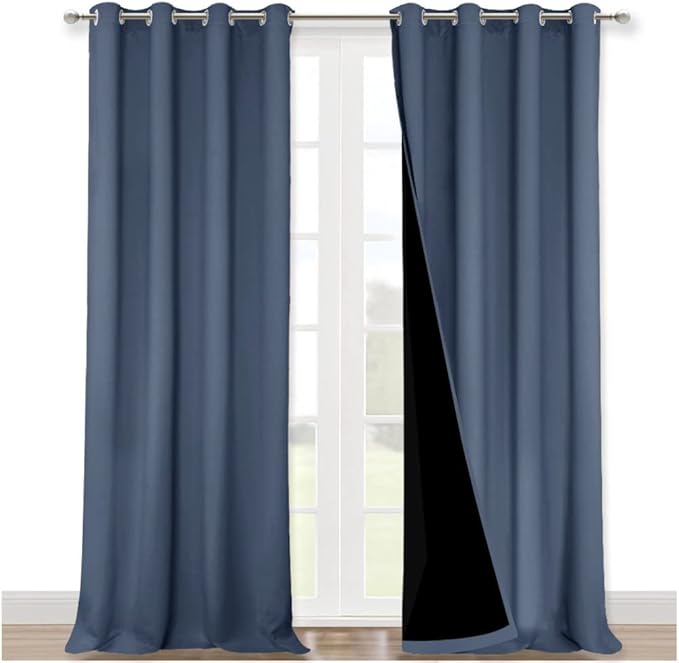 NICETOWN Full Shading Curtains 90 inches Long 2 Panels Set for Windows, Super Heavy-Duty Black Lined Blackout Curtains for Bedroom, Privacy Assured Window Treatment (Stone Blue, 52 inches W)