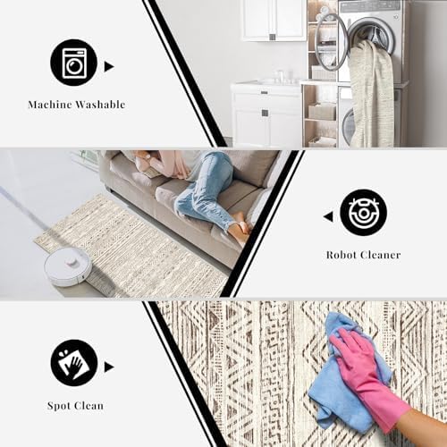 3x18 Washable Kitchen Runner Rug: Modern Moroccan Runners for Hallway Soft Non Slip Rugs with Rubber Backing Low Pile Thin Waterproof Floor Carpet for Entryway Bedroom Bathroom Indoor 3x18 Beige