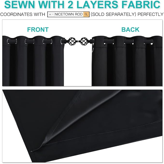 NICETOWN Cold Blocking 100% Blackout Curtains, Durable Black Lined Blackout Curtains for Bedroom, Energy Saving Long Curtains for Patio Sliding Glass Door, Black, 70 inches x 95 inches, 2 Panels