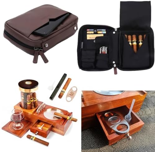 KING'S PALACE Cigar Humidor and Ashtray Set, Travel Leather Cigar Case by Kingspalace