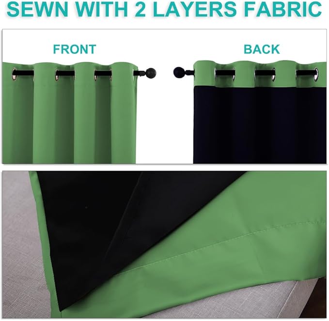 NICETOWN 100% Blackout Short Curtains with Black Liners, 2 Panels, 37" W by 40" L, Forest Green, Solid Thermal Insulated Full Blackout 2-Layer Lined Drapes, Energy Efficiency Window Drapes for Bedroom
