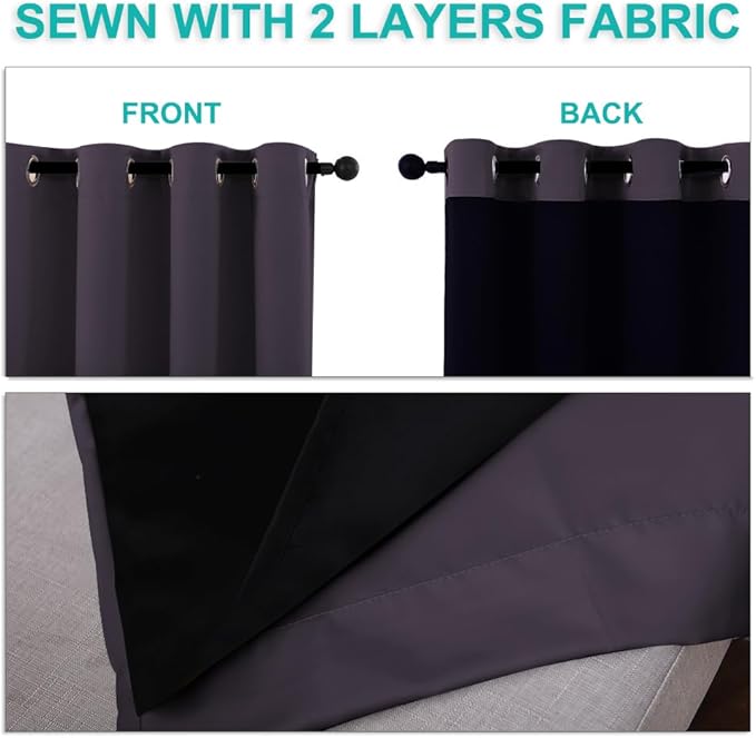 NICETOWN Full Shading Curtains for Windows, Greyish Purple, Pack of 2, 52" W x 95" L, Super Heavy-Duty Black Lined Blackout Curtains for Bedroom, Privacy Assured Window Treatment