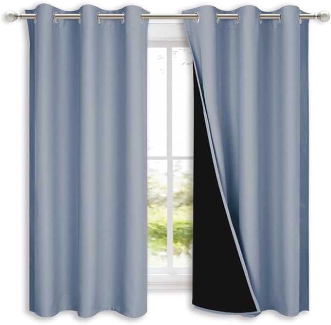 NICETOWN 100% Blackout Short Curtains with Black Liners, 2 Panels, 37" W by 50" L, Vintage Blue, Solid Thermal Insulated Full Blackout 2-Layer Lined Drapes, Energy Efficiency Window Drapes for Bedroom