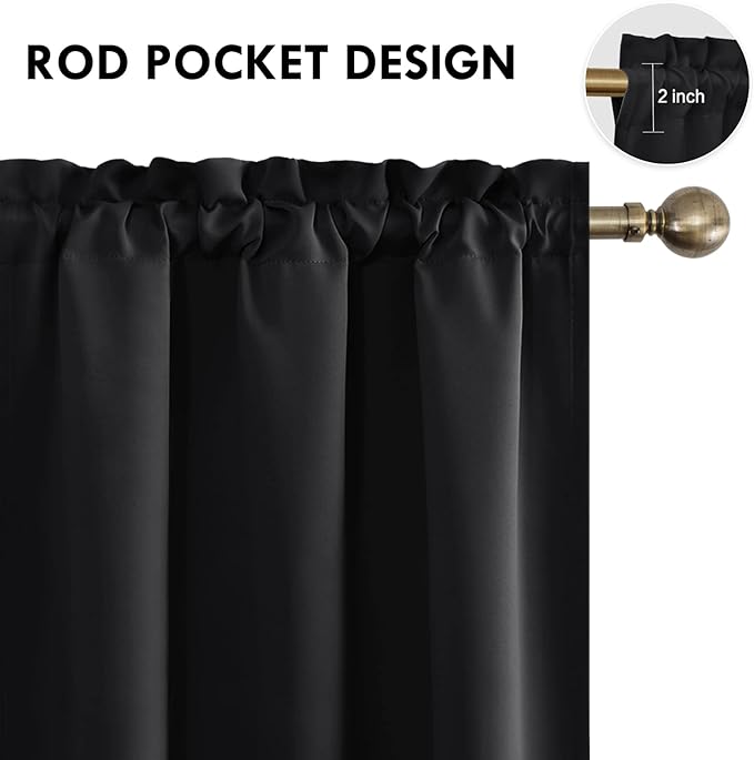 DWCN Short Black Blackout Curtains for Half Window - Room Darkening Thermal Insulated Kitchen and Bedroom Curtains 60x36 inches Long, Set of 2 Window Curtain Panels