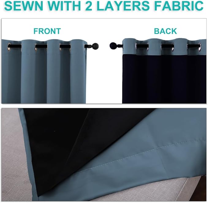 NICETOWN 100% Blackout Short Curtains with Black Liners, 2 Panels, 37" W by 50" L, Smoky Blue, Solid Thermal Insulated Full Blackout 2-Layer Lined Drapes, Energy Efficiency Window Drapes for Bedroom