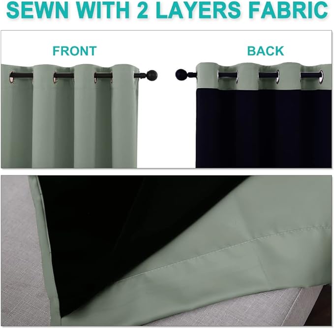 NICETOWN 100% Blackout Window Curtain Panels, Full Light Blocking Drapes with Black Liner for Nursery, 72-inch Drop Thermal Insulated Draperies (Greyish Green, 2 Pieces, 46-inch Wide Per Panel)