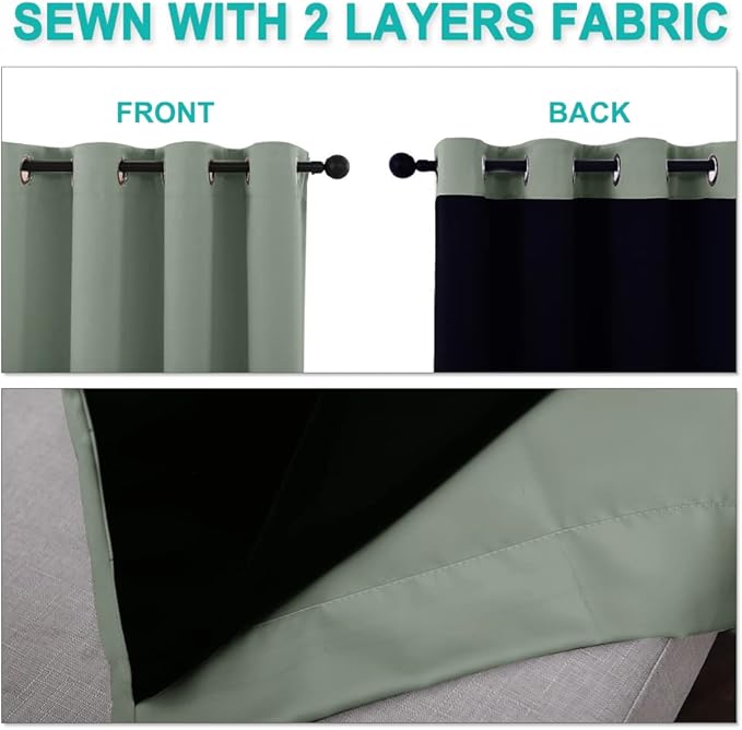 NICETOWN 100% Blackout Window Curtain Panels, Heat and Full Light Blocking Drapes with Black Liner for Nursery, 50" Drop Thermal Insulated Draperies (Greyish Green, 2 Pieces, 37" Wide Each Panel)