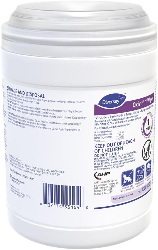 Oxivir Diversey 1 Disinfectant Peroxide Wipes, 160 Wipes, 12 Pack | 1 Minute - Image 3